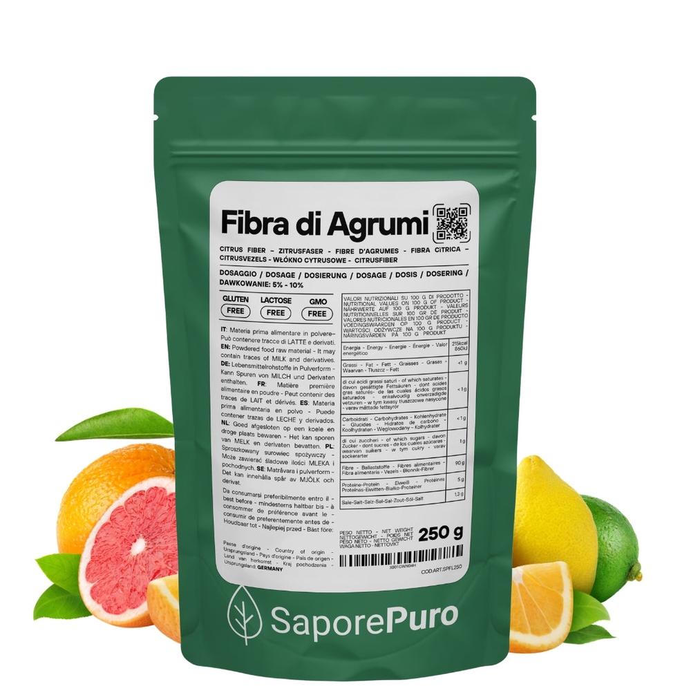 SaporePuro Fibra di Agrumi addensante clean label for gelato, featuring citrus fiber in a clear container with label.